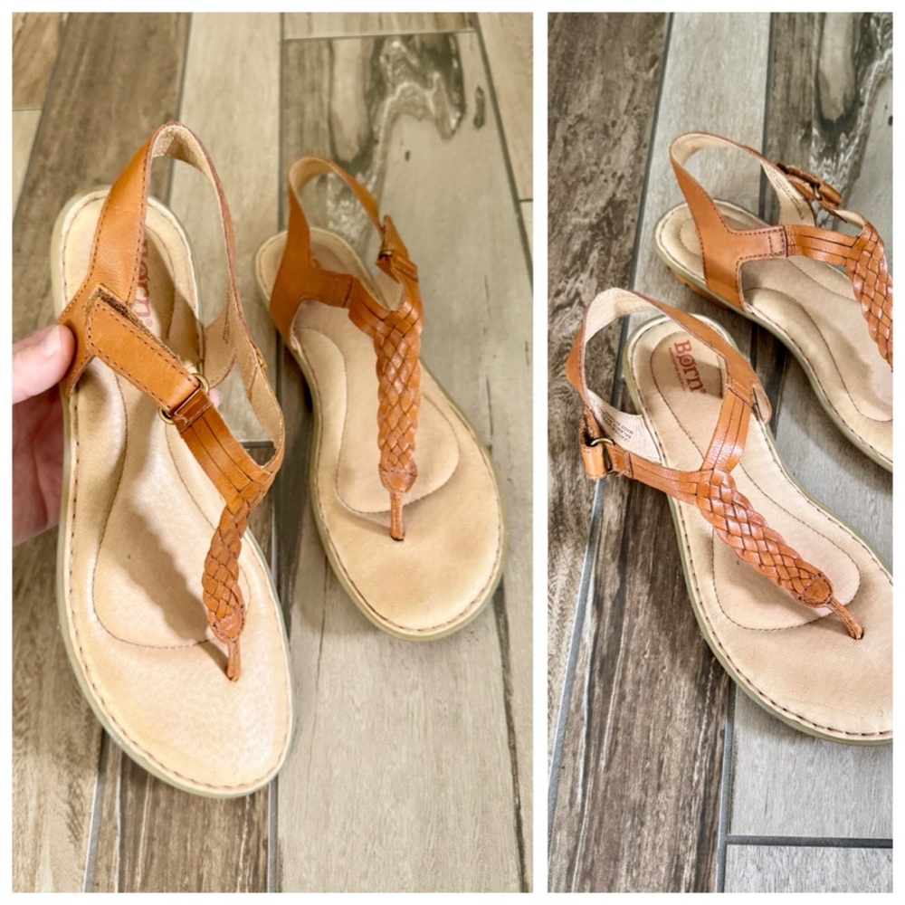 BORN Yarrow Braided Leather Ankle T-Strap Flat Sandals, Cognac Tan sz. 8M - Picture 11 of 16